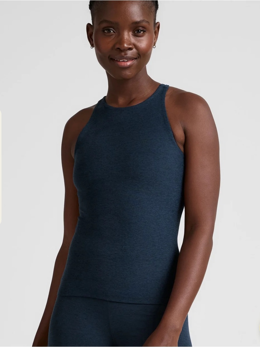 Beyond Yoga Refocus Tank - Nocturnal Navy Spacedye - high neck shelf bra hip